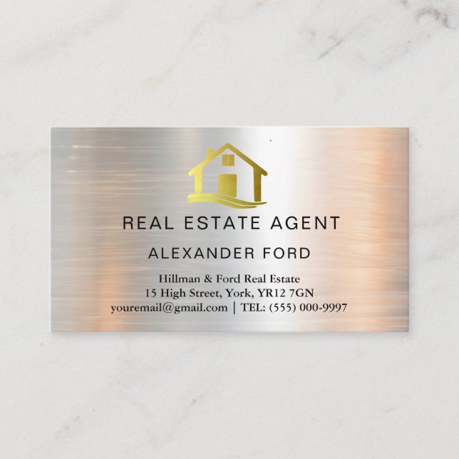 Real Estate Agent silver Metallic Gold Marble  Business Card (Front)
