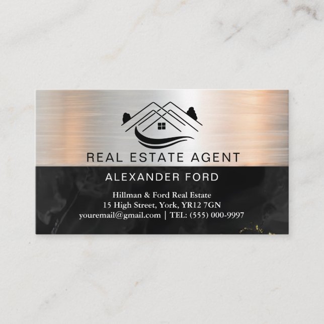 Real Estate Agent silver Metallic Gold Marble  Business Card (Front)