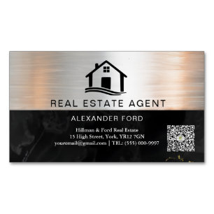 Real Estate Agent silver Metallic Gold Marble  Magnetic Business Card