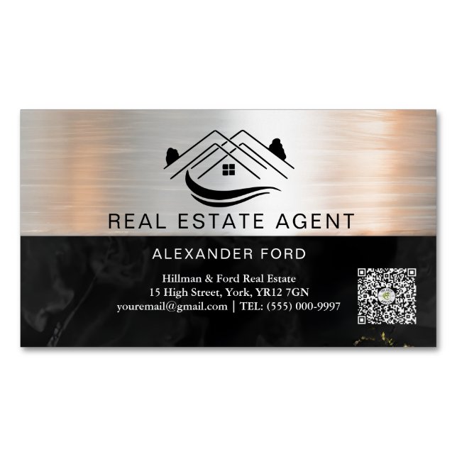 Real Estate Agent silver Metallic Gold Marble  Magnetic Business Card (Front)