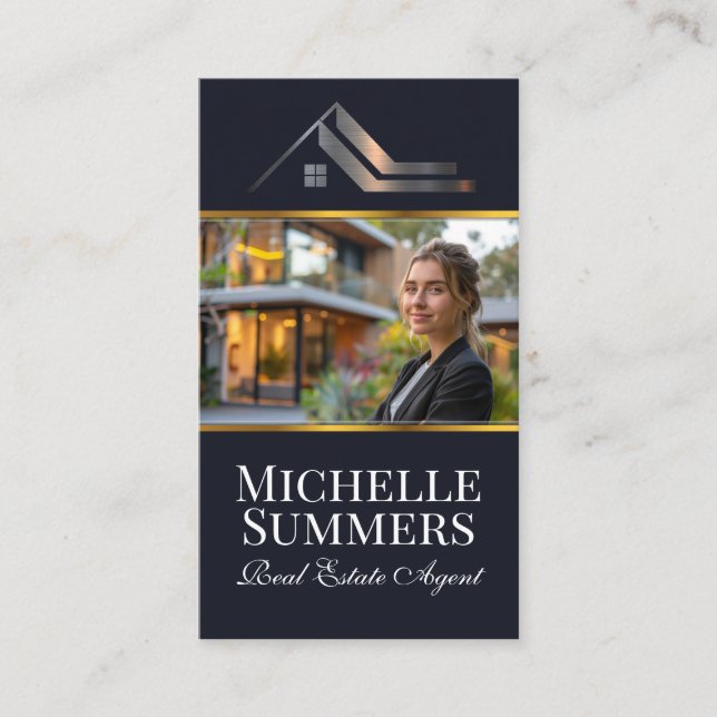 Real Estate Agent Standing in Front of Modern Home Business Card (Front)