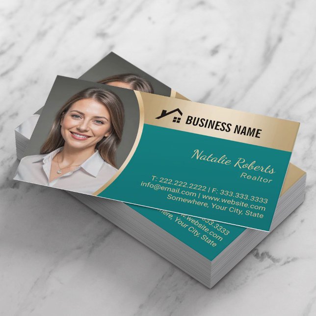 Real Estate Agent Teal & Gold Realtor Photo Business Card (Creator Uploaded)
