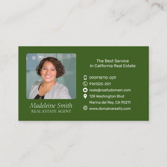 Real Estate Agent with Photo Olive Green Business Card (Front)