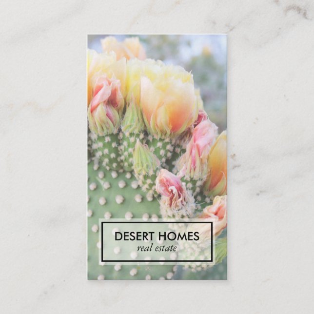 Real Estate Agent Yellow Cactus Bloom Desert Photo Business Card (Front)