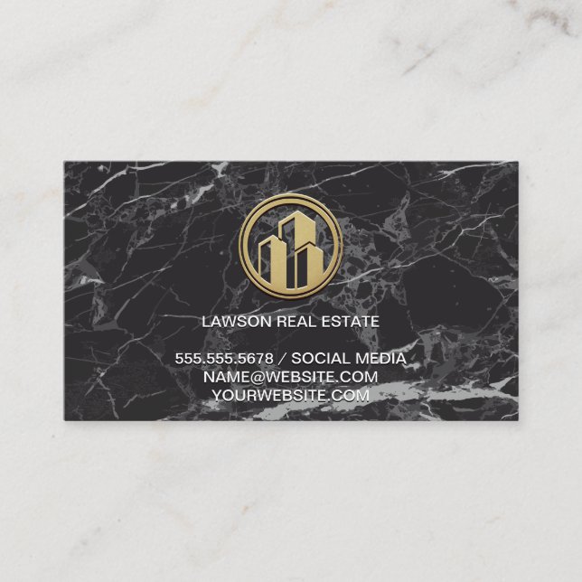 Real Estate | Black Elegant Marble | Golden Icon Appointment Card (Front)