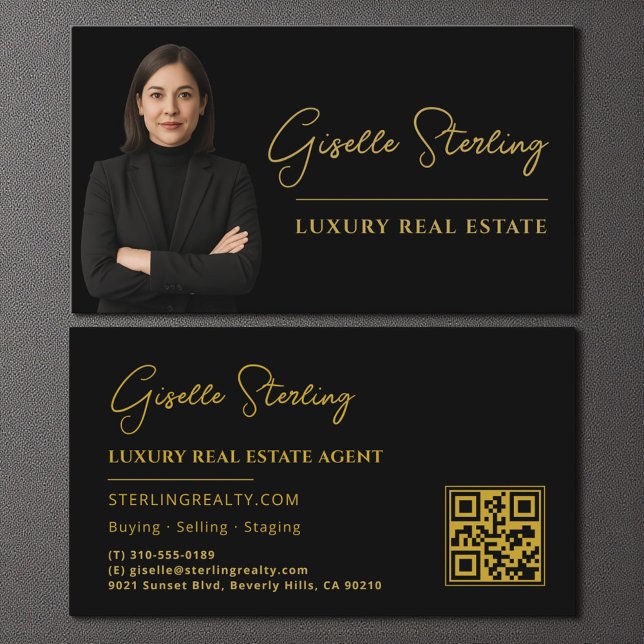 Real Estate Black Gold QR Code Script Luxury  Business Card (Creator Uploaded)