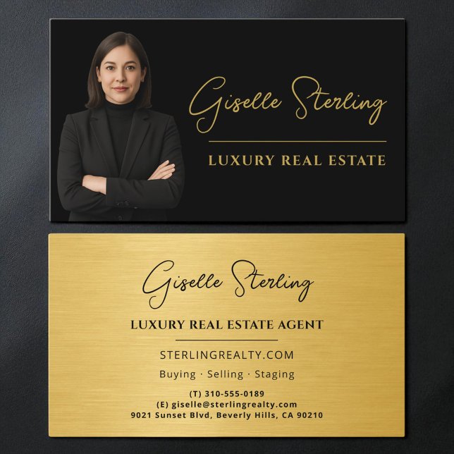 Real Estate Black Gold Script Luxury Metallic Business Card (Creator Uploaded)