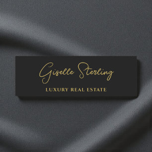 Real Estate Black Gold Script Luxury  Name Tag
