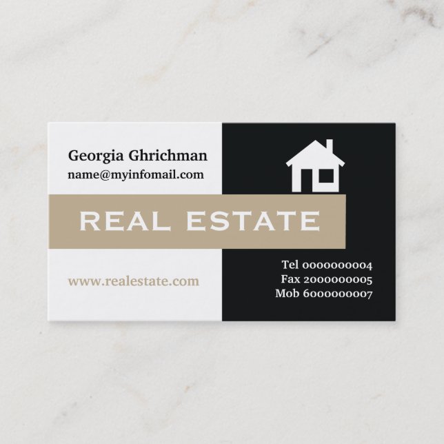 Real estate black, white, beige eye-catching business card (Front)