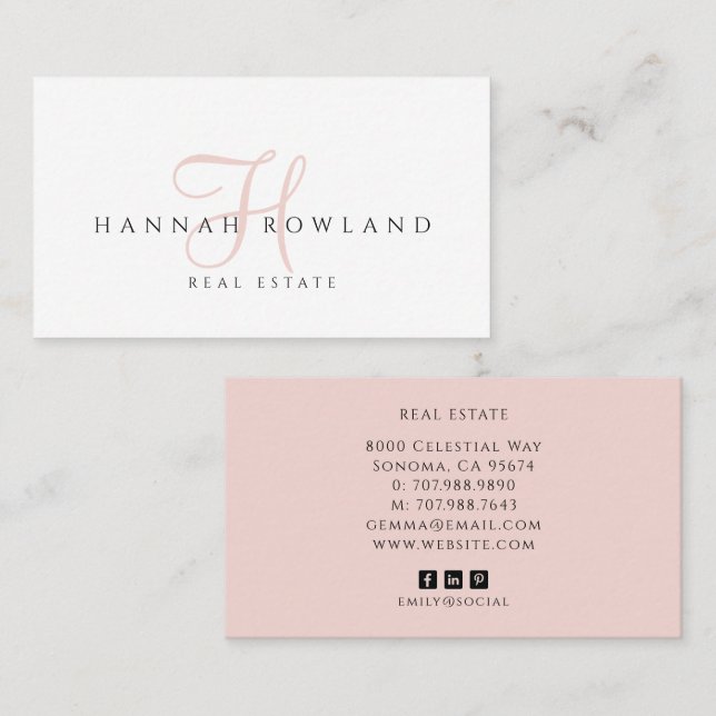 Real Estate Blush Pink Script Monogram Name  Business Card (Front/Back)
