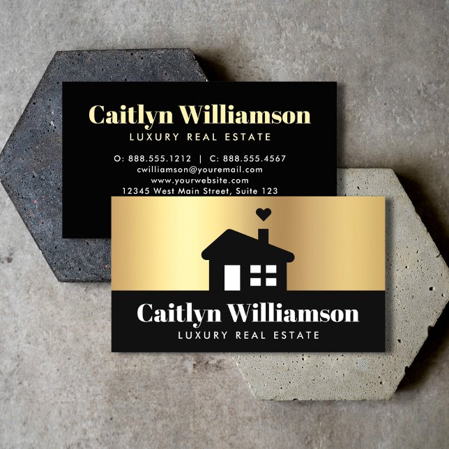 Real Estate Broker Agent Modern Black Gold House Business Card (Creator Uploaded)