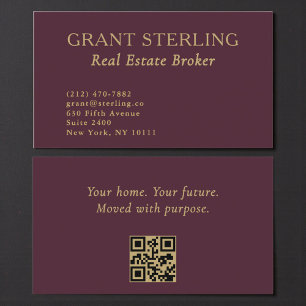Real Estate Broker Burgundy Gold QR Code  Business Card