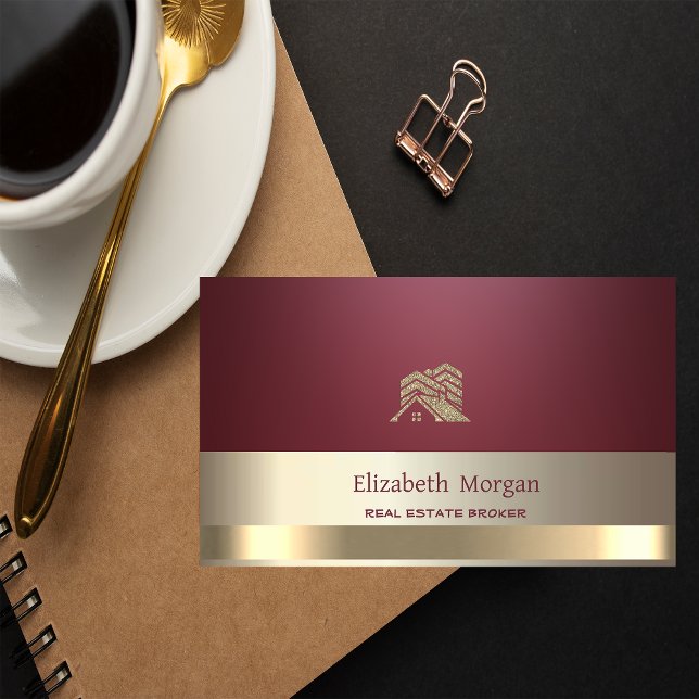 Real Estate Broker Glitter House Roof Burgundy Business Card (Creator Uploaded)