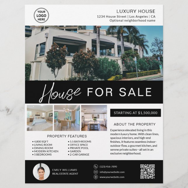 Real Estate Broker House for Sale Custom Logo QR Flyer (Front)