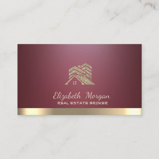 Real Estate Broker House Roof Building Burgundy Business Card (Front)