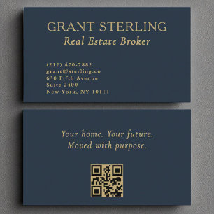 Real Estate Broker Navy Blue Gold QR Code Business Card