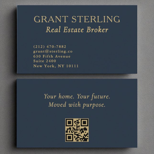 Real Estate Broker Navy Blue Gold QR Code  Business Card (Creator Uploaded)