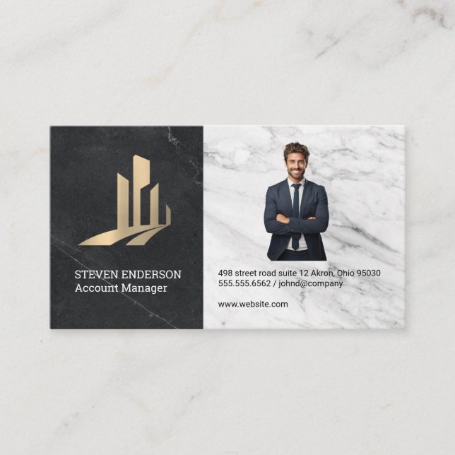 Real Estate Building Logo | Business Man in Suit Business Card (Front)