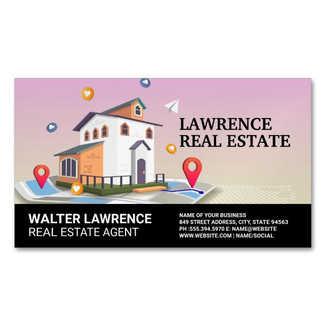 Real Estate Building Map and Icons Magnetic Business Card (Front)