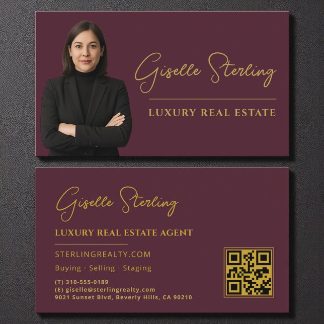 Real Estate Burgundy Gold QR Code Script Luxury  Business Card (Creator Uploaded)