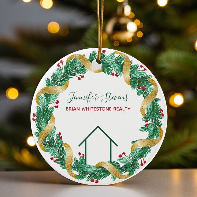Real Estate Christmas Elegant Green Gold Custom Ceramic Tree Decoration (Creator Uploaded)