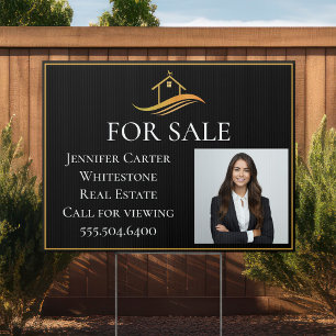 Real Estate Company Agent Photo Black Gold Yard Garden Sign
