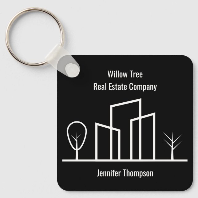 Real Estate Company Custom Black White Building Key Ring (Front)