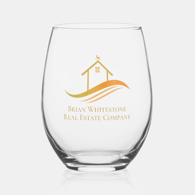 Real Estate Company Gold House Logo Custom Realtor Stemless Wine Glass (Front)