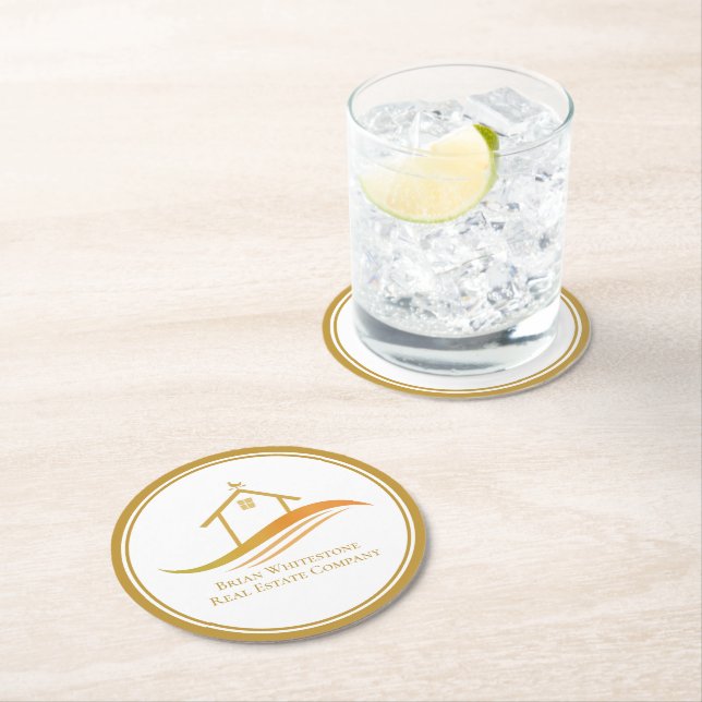 Real Estate Company Gold Open House Customisable Round Paper Coaster (Insitu)