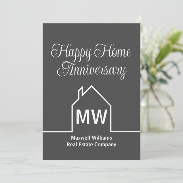 Real Estate Company Grey Home Anniversary Card (Standing Front)