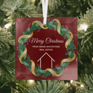Real Estate Company Merry Christmas Custom Red Glass Tree Decoration