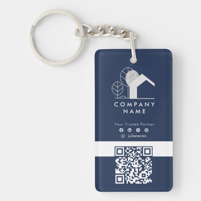 Real Estate Company Navy Blue and White Qr code Key Ring (Front)