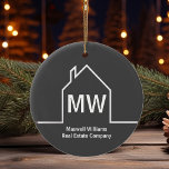 Real Estate Company Personalised Grey Realtor Ceramic Tree Decoration<br><div class="desc">This dark grey personalised realtor Christmas ornament is simple and subtle with your monogram and real estate company name in white. It features a chic minimalist white outline of a house. Modern realty business marketing gifts.</div>