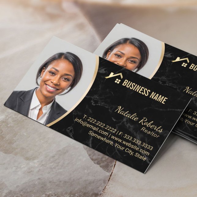 Real Estate Gold House Logo Realtor Marble Photo Business Card (Creator Uploaded)