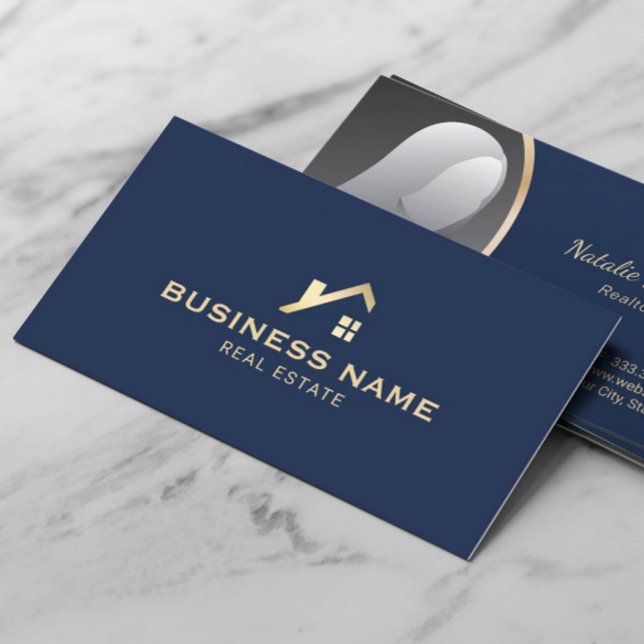 Real Estate Gold House Realtor Navy Blue Photo Business Card (Creator Uploaded)