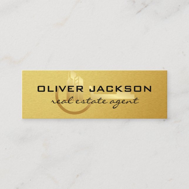 Real Estate Gold Key Building Logo Mini Business Card (Front)