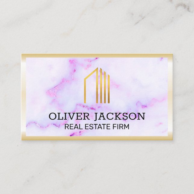 Real Estate | Gold Lux Border | Purple Marble Text Business Card (Front)