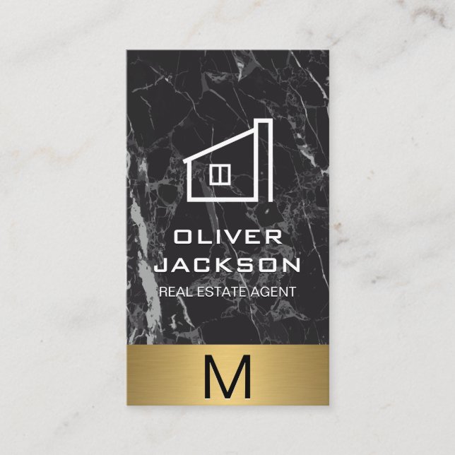 Real Estate Gold Metal Trim Monogram | Marble Business Card (Front)