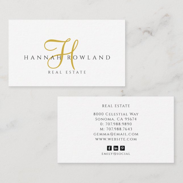 Real Estate Gold Script Monogram Name  Business Card (Front/Back)