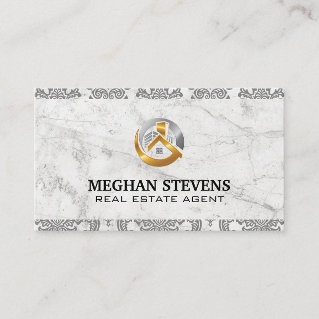 Real Estate Gold Silver Logo | Damask Marble Appointment Card (Front)