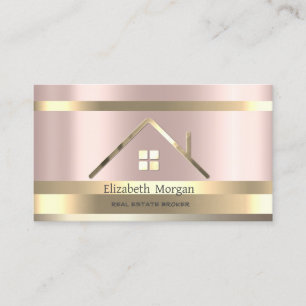  Real Estate  Gold Striped House Roof Rose Gold Business Card