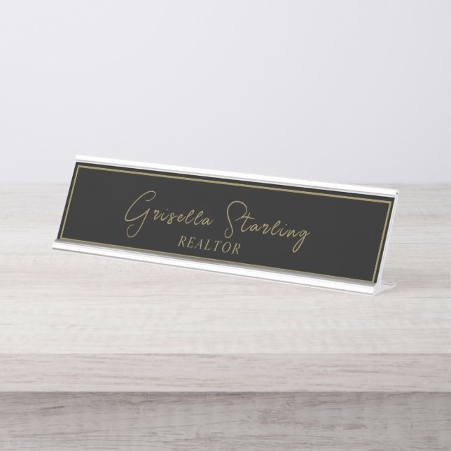 Real Estate Golden Black Script Metallic Desk Name Plate (Front)