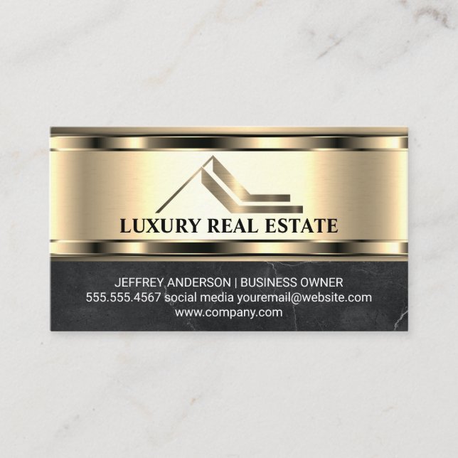 Real Estate Golden Logo | Metallic Gold Marble  Business Card (Front)