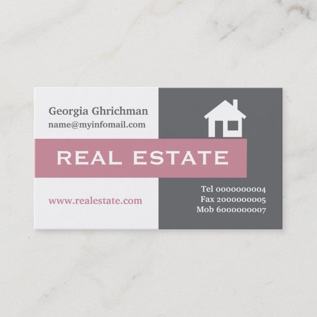 Real estate grey, white, puce pink eye-catching business card (Front)