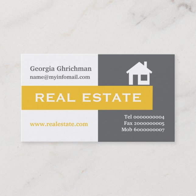 Real estate grey, white, yellow eye-catching business card (Front)
