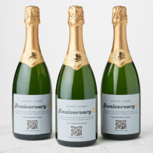 Real Estate Home Anniversary QR Code Retro Blue  Sparkling Wine Label