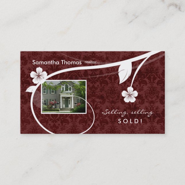 Real Estate Home Damask Business Card Floral Red (Front)