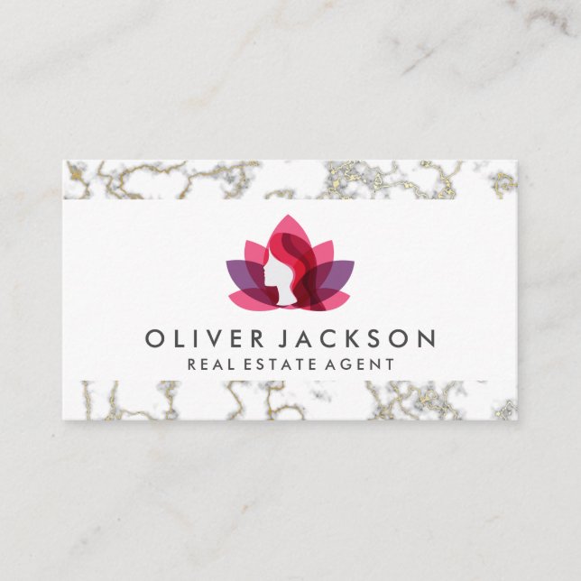 Real Estate Home | Gold Marble | Lotus Woman Business Card (Front)