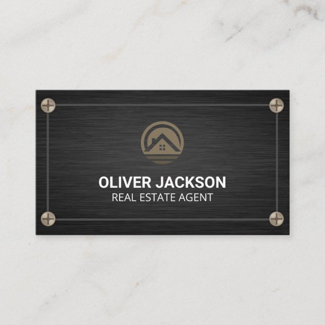 Real Estate Home Icon | Black Metallic and Screws Business Card (Front)