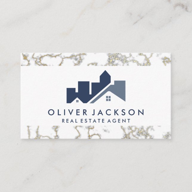 Real Estate Home Icon | Gold Marble Business Card (Front)